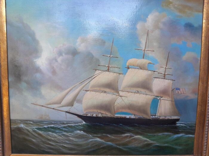 A 20th Century Pair Of Ships Oils On Canvas In Gilded Frames USA 1960s - Image 8