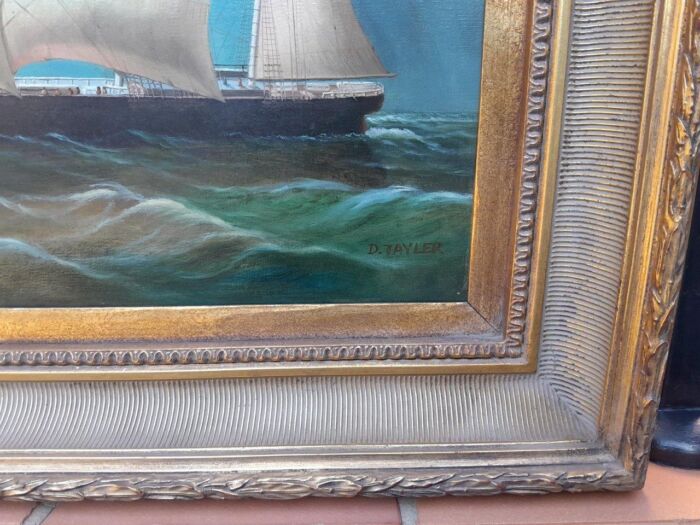 A 20th Century Pair Of Ships Oils On Canvas In Gilded Frames USA 1960s - Image 9