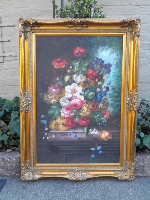A Large Oil On Canvas Of Flowers In A Gilded And Ornately Carved Frame Signed