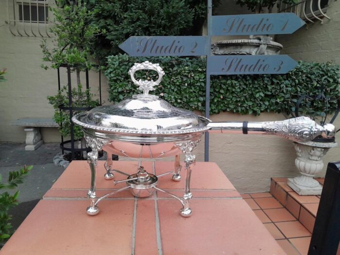 A 19th Century Silver-Plated Chafing Dish with Handle on Stand with Burner