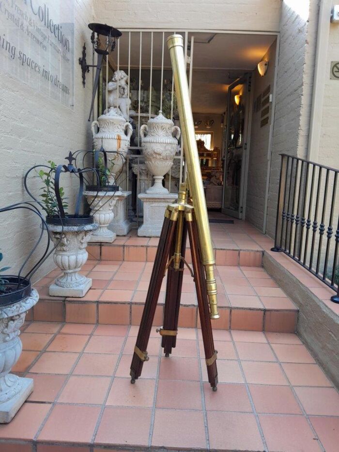 20th Century Antique Solid Brass Nautical Telescope On Wooden Tripod Legs