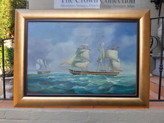 A 20TH Century French Oil On Canvas Ships In Sea Signed In Gold Frame