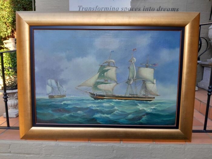 A 20TH Century French Oil On Canvas Ships In Sea Signed In Gold Frame - Image 2