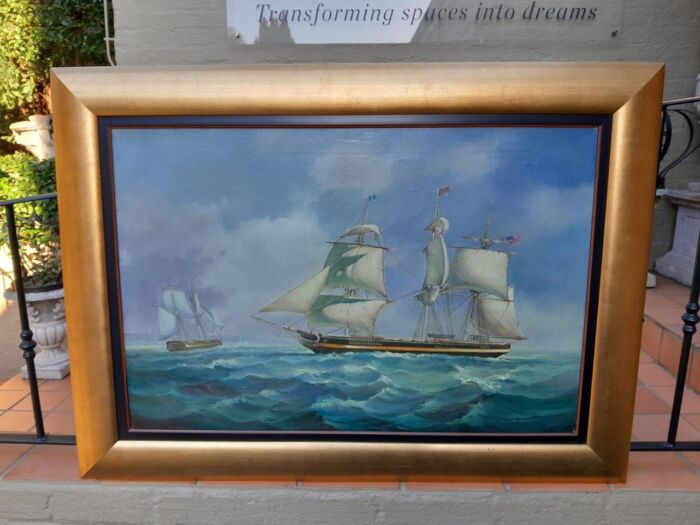 A 20TH Century French Oil On Canvas Ships In Sea Signed In Gold Frame - Image 3