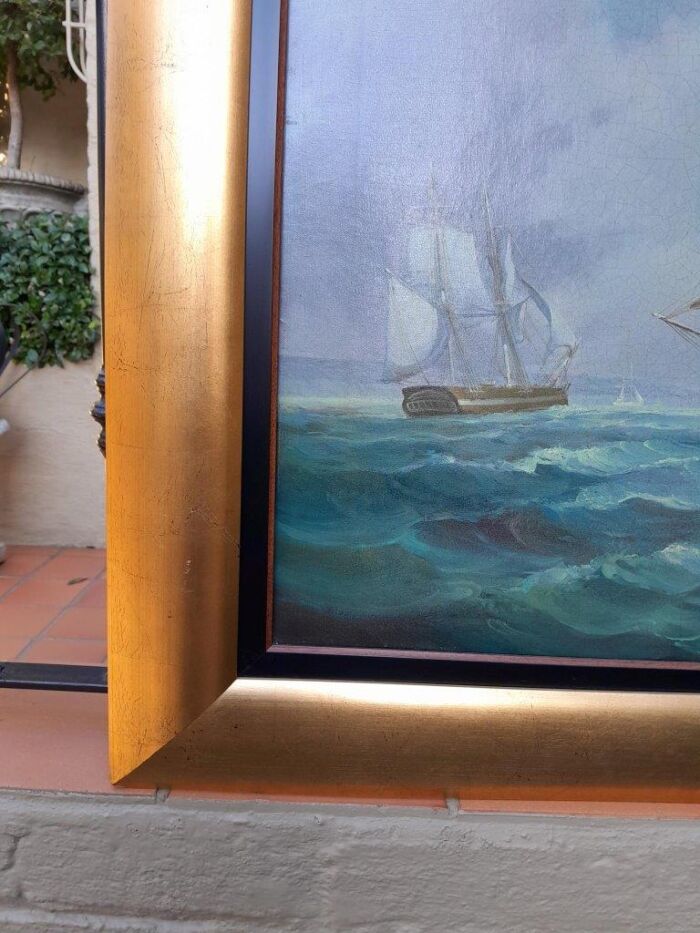 A 20TH Century French Oil On Canvas Ships In Sea Signed In Gold Frame - Image 7