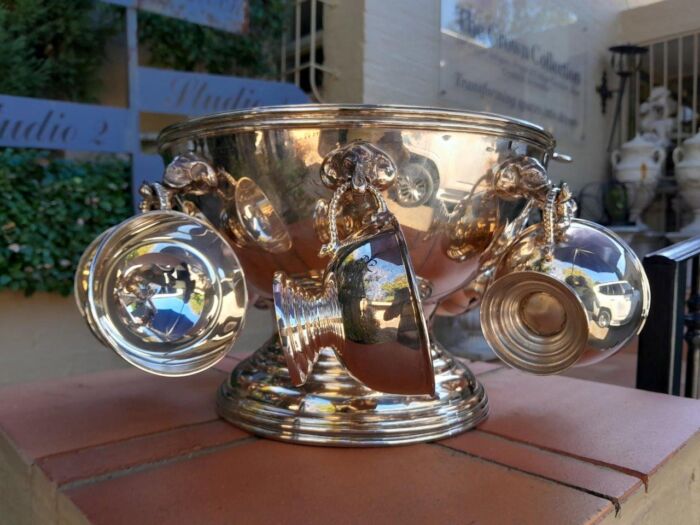 A 20th Century A1 Silver-Plate Punch Bowl With Eight Cups And Hooks And Ladle With Elephant Head - Image 2