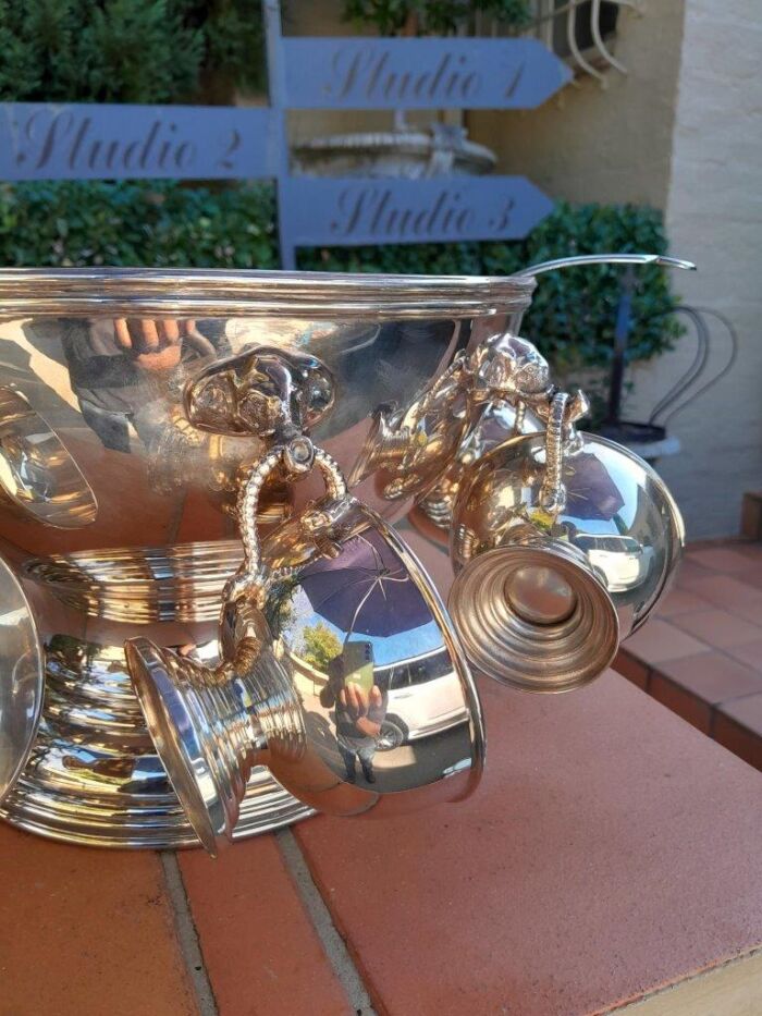 A 20th Century A1 Silver-Plate Punch Bowl With Eight Cups And Hooks And Ladle With Elephant Head - Image 5