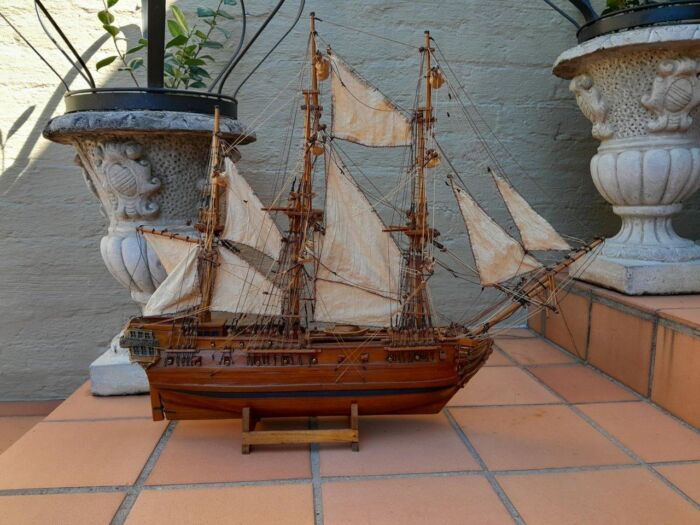 A 20th Century Hand- Made Wooden Galleon / Ship On Stand