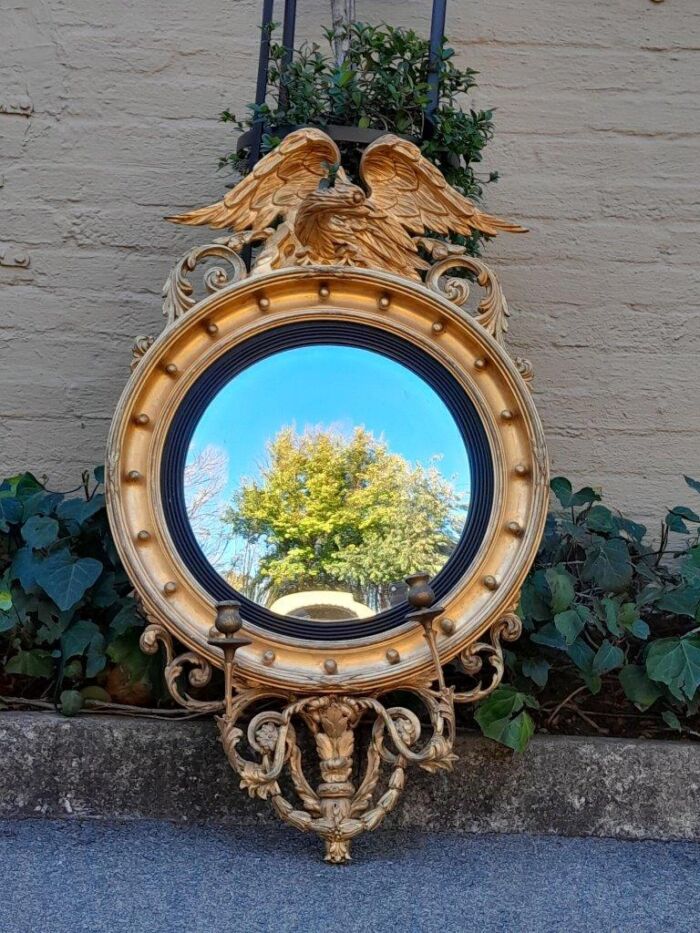 A 19th /  20th Century Federal Convex Gilt Wood Mirror With Candle Holders