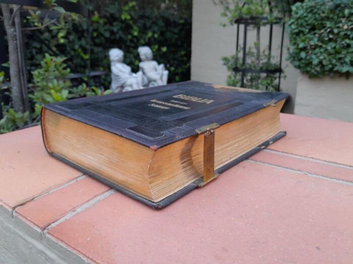 A Leather Bound Bible With Brass Clasps And Mounts - Image 4