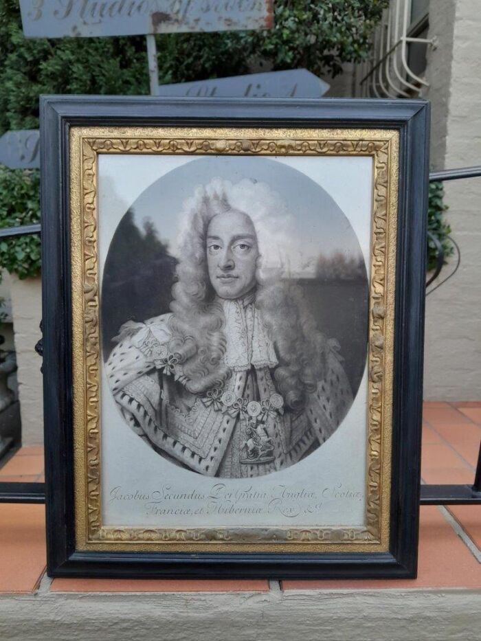 A 19th Century Engraving King James ll in Gilded and Black Frame