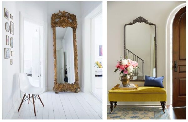 Use decorative antique mirrors in narrow spaces to crest the illusion of space