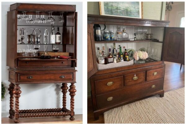 Antique bookcases, with their intricate carvings and rich wood tones, can be transformed into sophisticated and elegant drinks cabinets. 