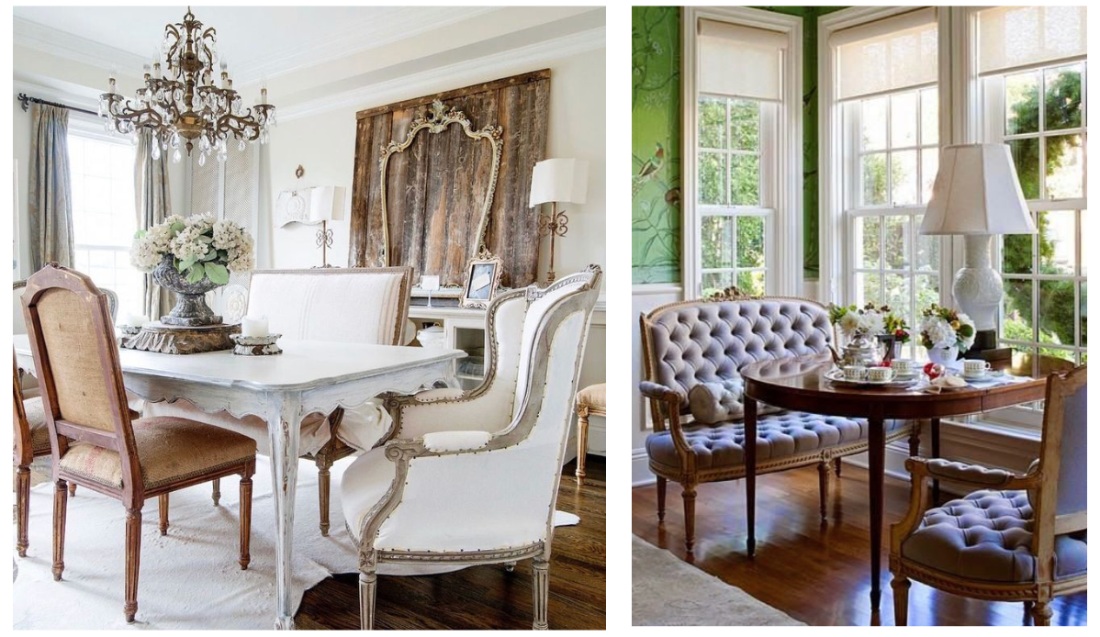 A French-style settee with wood detailing or tufted upholstery can enhance a traditional space's timeless appeal.