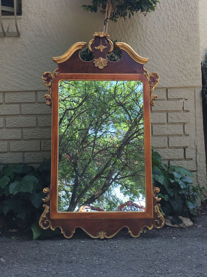 Georgian Style Mahogany & Gilded Mirror with Swan Neck & Pediment